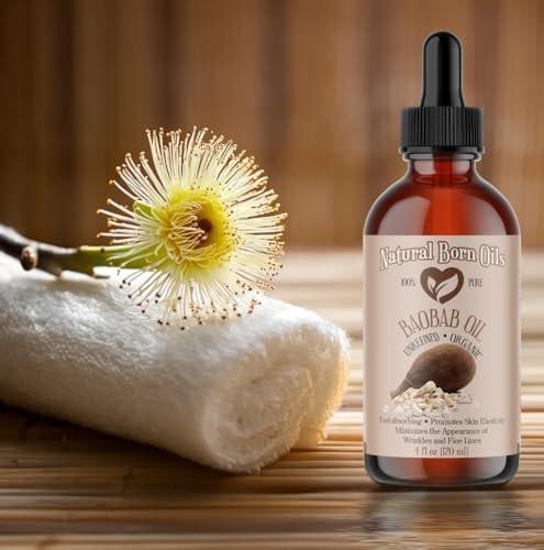 Natural Born Oils 100% reines Bio-Baobaböl 4oz – Kaltgepresst, unraffiniert, nicht komedogen, feuchtigkeitsspendend, inklusive Pumpe & Pipette