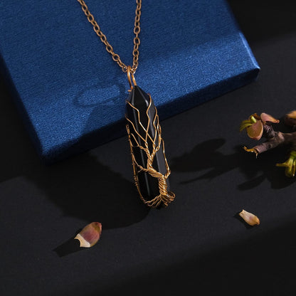 VIBILIA Heilender Kristall-Anhänger Baum des Lebens – Drahtgewickelter schwarzer Steinspitzen-Anhänger, sechseckig, Reiki-Spiritueller Schmuck für Frauen und Männer