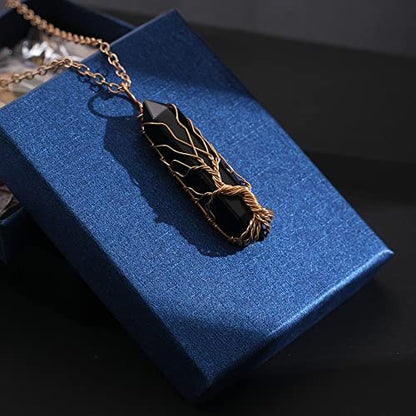 VIBILIA Heilender Kristall-Anhänger Baum des Lebens – Drahtgewickelter schwarzer Steinspitzen-Anhänger, sechseckig, Reiki-Spiritueller Schmuck für Frauen und Männer