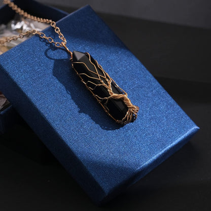 VIBILIA Heilender Kristall-Anhänger Baum des Lebens – Drahtgewickelter schwarzer Steinspitzen-Anhänger, sechseckig, Reiki-Spiritueller Schmuck für Frauen und Männer