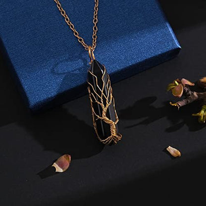 VIBILIA Heilender Kristall-Anhänger Baum des Lebens – Drahtgewickelter schwarzer Steinspitzen-Anhänger, sechseckig, Reiki-Spiritueller Schmuck für Frauen und Männer