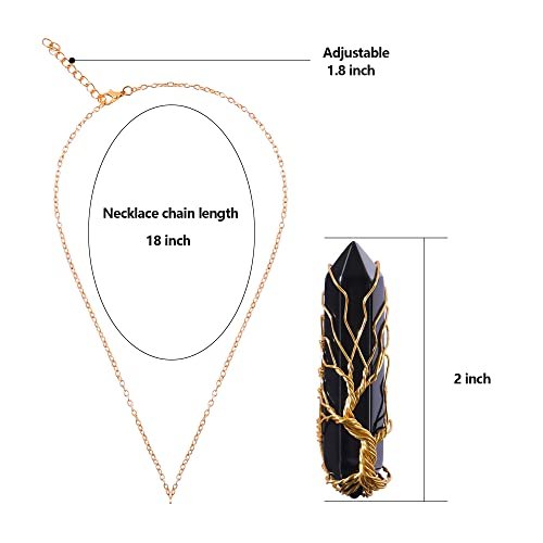 VIBILIA Heilender Kristall-Anhänger Baum des Lebens – Drahtgewickelter schwarzer Steinspitzen-Anhänger, sechseckig, Reiki-Spiritueller Schmuck für Frauen und Männer
