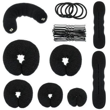 Yinder 34-teiliges Donut-Haarknoten-Set – Schwarz, inklusive Schaumstoff-Donuts, Haargummis und Haarnadeln für DIY-Frisuren