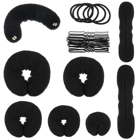 Yinder 34-teiliges Donut-Haarknoten-Set – Schwarz, inklusive Schaumstoff-Donuts, Haargummis und Haarnadeln für DIY-Frisuren