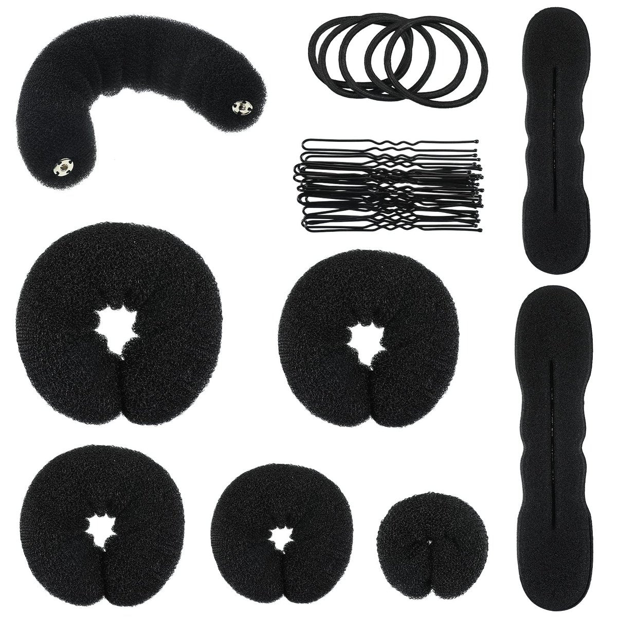 Yinder 34-teiliges Donut-Haarknoten-Set – Schwarz, inklusive Schaumstoff-Donuts, Haargummis und Haarnadeln für DIY-Frisuren