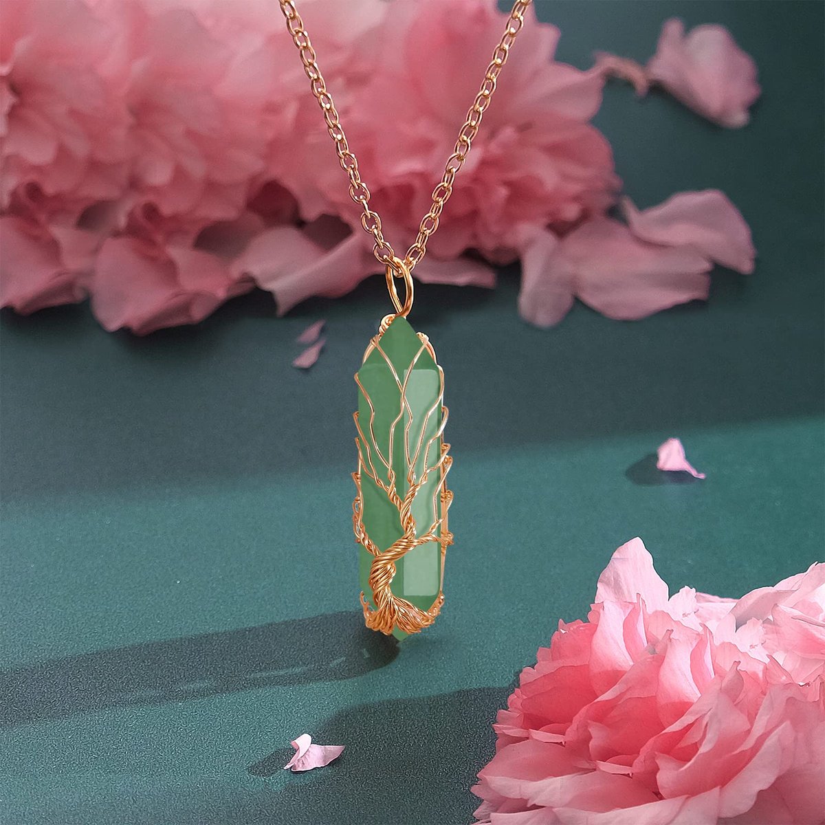 VIBILIA Heilender Kristall Anhänger Lebensbaum – Natürlicher Grüner Aventurin Edelstein Anhänger, Sechseckiger Reiki Quarz Schmuck für Damen und Herren