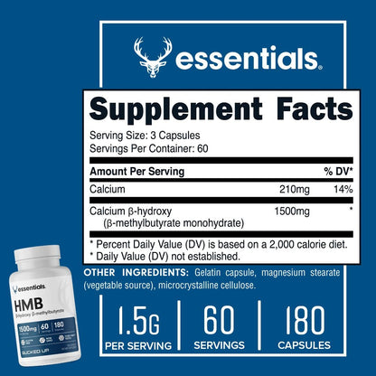 Bucked Up HMB (Beta-Hydroxy Beta-Methylbutyrat) 1500 mg pro Portion, Essentials (60 Portionen, 180 Kapseln)