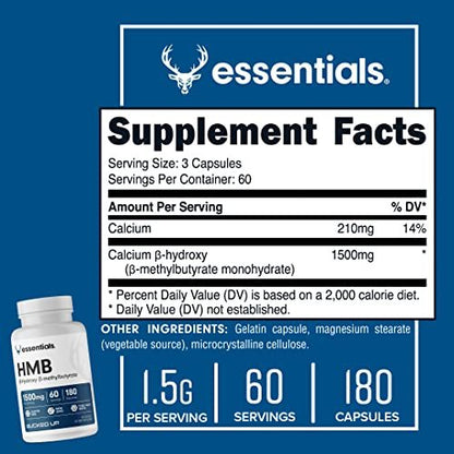 Bucked Up HMB (Beta-Hydroxy Beta-Methylbutyrat) 1500 mg pro Portion, Essentials (60 Portionen, 180 Kapseln)