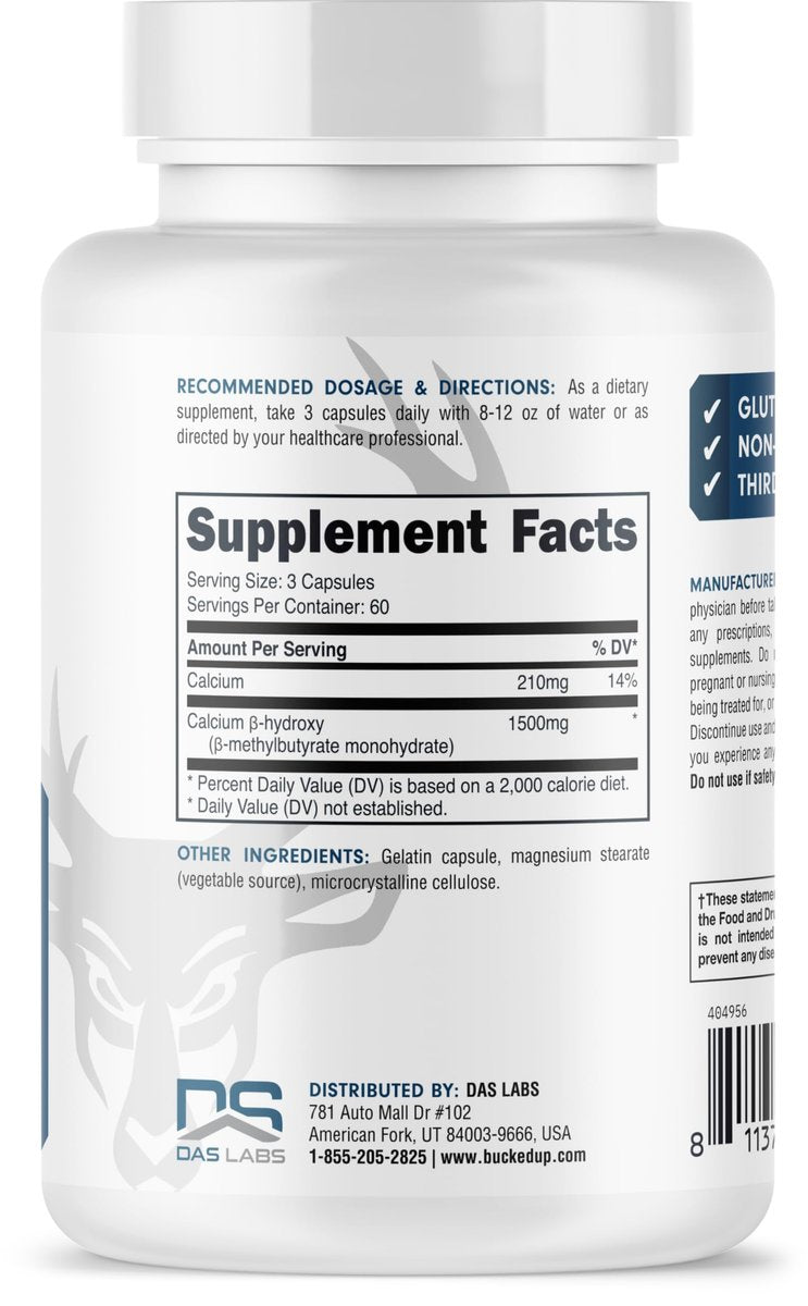 Bucked Up HMB (Beta-Hydroxy Beta-Methylbutyrat) 1500 mg pro Portion, Essentials (60 Portionen, 180 Kapseln)