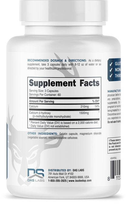 Bucked Up HMB (Beta-Hydroxy Beta-Methylbutyrat) 1500 mg pro Portion, Essentials (60 Portionen, 180 Kapseln)