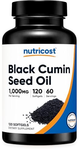Nutricost Schwarzkümmelöl (Kreuzkümmel) - Kaltgepresst, Quelle von Omega 3 6 9 - 120 Weichkapseln, 1000 mg pro Portion, 60 Portionen - Non-GMO und Glutenfrei