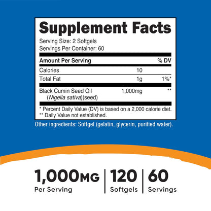 Nutricost Schwarzkümmelöl (Kreuzkümmel) - Kaltgepresst, Quelle von Omega 3 6 9 - 120 Weichkapseln, 1000 mg pro Portion, 60 Portionen - Non-GMO und Glutenfrei