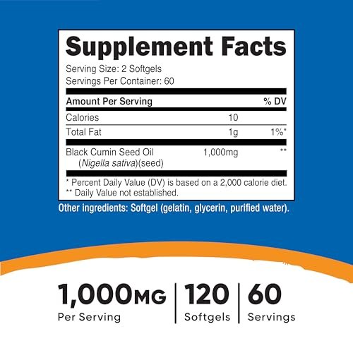 Nutricost Schwarzkümmelöl (Kreuzkümmel) - Kaltgepresst, Quelle von Omega 3 6 9 - 120 Weichkapseln, 1000 mg pro Portion, 60 Portionen - Non-GMO und Glutenfrei