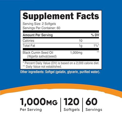 Nutricost Schwarzkümmelöl (Kreuzkümmel) - Kaltgepresst, Quelle von Omega 3 6 9 - 120 Weichkapseln, 1000 mg pro Portion, 60 Portionen - Non-GMO und Glutenfrei