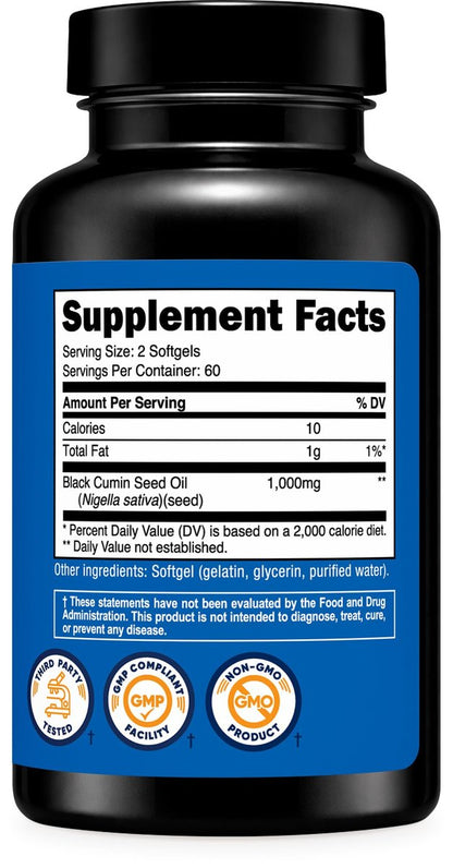 Nutricost Schwarzkümmelöl (Kreuzkümmel) - Kaltgepresst, Quelle von Omega 3 6 9 - 120 Weichkapseln, 1000 mg pro Portion, 60 Portionen - Non-GMO und Glutenfrei
