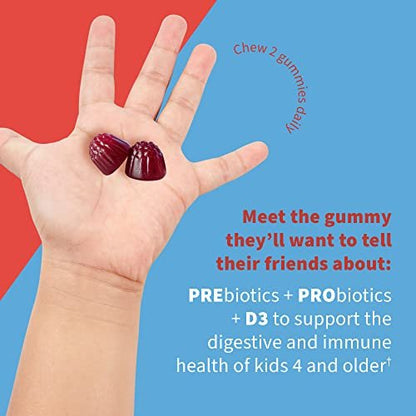 Garden of Life Dr. Formulated 5 Milliarden CFU Präbiotikum-Ballaststoff, Probiotikum und Vitamin D3 Gummis für Kinder – Verdauungs- & Immunsystem-Gesundheit – Glutenfrei, Ohne Zuckerzusatz, Erdbeergeschmack, 60 Gummis