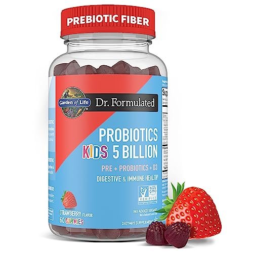 Garden of Life Dr. Formulated 5 Milliarden CFU Präbiotikum-Ballaststoff, Probiotikum und Vitamin D3 Gummis für Kinder – Verdauungs- & Immunsystem-Gesundheit – Glutenfrei, Ohne Zuckerzusatz, Erdbeergeschmack, 60 Gummis