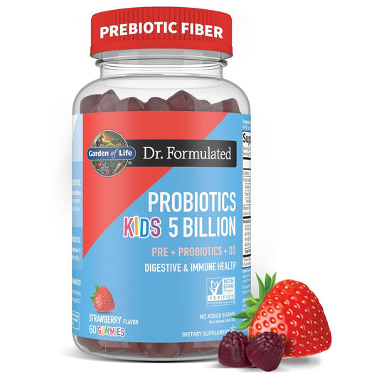 Garden of Life Dr. Formulated 5 Milliarden CFU Präbiotikum-Ballaststoff, Probiotikum und Vitamin D3 Gummis für Kinder – Verdauungs- & Immunsystem-Gesundheit – Glutenfrei, Ohne Zuckerzusatz, Erdbeergeschmack, 60 Gummis