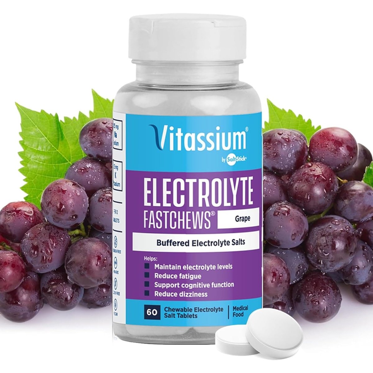 Vitassium FastChews – Kaubare Elektrolyttabletten für POTS-Management und natriumreiche Ernährung, Grape Geschmack, 60 Stück