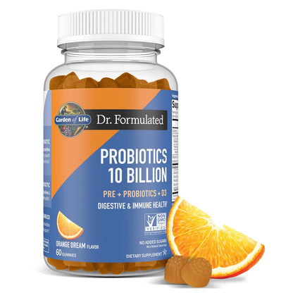 Garden of Life Dr Formulated 10 Milliarden KBE Präbiotikum & Probiotikum Gummis mit Vitamin D3 – für Verdauungs- und Immunsystem – glutenfrei, ohne Gentechnik, ohne Zuckerzusatz, Geschmack Orange Dream, 60 Gummis