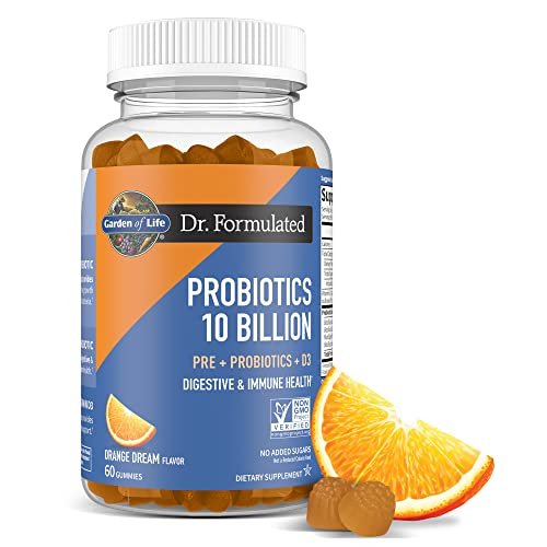 Garden of Life Dr Formulated 10 Milliarden KBE Präbiotikum & Probiotikum Gummis mit Vitamin D3 – für Verdauungs- und Immunsystem – glutenfrei, ohne Gentechnik, ohne Zuckerzusatz, Geschmack Orange Dream, 60 Gummis