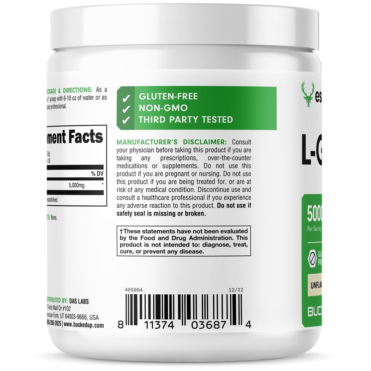 Bucked Up L-Glutamin (5000 mg), Essentials (50 Portionen, 250 Gramm)