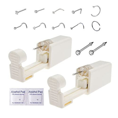 Nase Piercing Set, DIEWEISIMI 2er Pack Einweg-Nasenpistole mit 10 Nasenringen