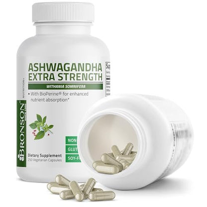 Bronson Ashwagandha Extra Stark Stress & Stimmungsunterstützung mit BioPerine – Non-GMO Formel, 250 Kapseln