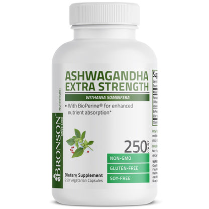 Bronson Ashwagandha Extra Stark Stress & Stimmungsunterstützung mit BioPerine – Non-GMO Formel, 250 Kapseln