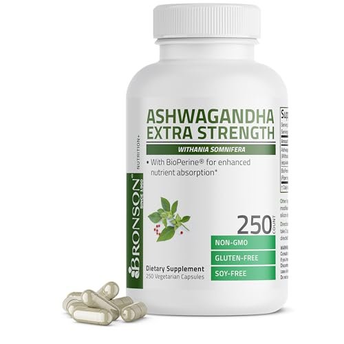 Bronson Ashwagandha Extra Stark Stress & Stimmungsunterstützung mit BioPerine – Non-GMO Formel, 250 Kapseln