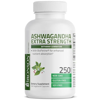 Bronson Ashwagandha Extra Stark Stress & Stimmungsunterstützung mit BioPerine – Non-GMO Formel, 250 Kapseln