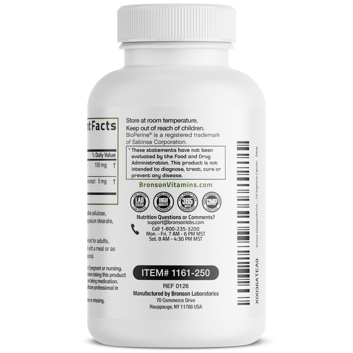 Bronson Ashwagandha Extra Stark Stress & Stimmungsunterstützung mit BioPerine – Non-GMO Formel, 250 Kapseln