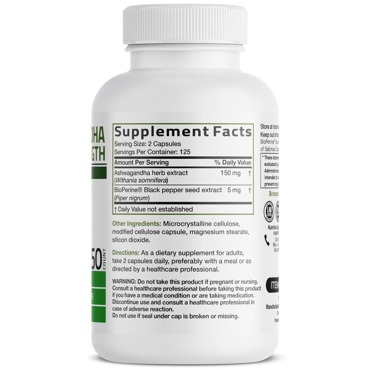 Bronson Ashwagandha Extra Stark Stress & Stimmungsunterstützung mit BioPerine – Non-GMO Formel, 250 Kapseln