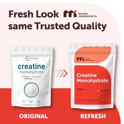 Micro Ingredients Kreatin Monohydrat Pulver 500 g (1,1 Pfund), 5000 mg pro Portion, mikronisiertes Kreatinpulver, ungewürzt, ohne Füllstoffe, keto- und veganfreundlich, leicht löslich, Pre-Workout für Frauen und Männer