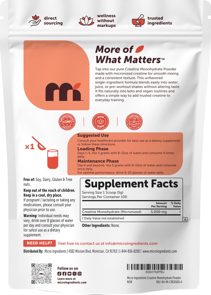 Micro Ingredients Kreatin Monohydrat Pulver 500 g (1,1 Pfund), 5000 mg pro Portion, mikronisiertes Kreatinpulver, ungewürzt, ohne Füllstoffe, keto- und veganfreundlich, leicht löslich, Pre-Workout für Frauen und Männer