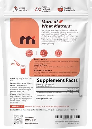 Micro Ingredients Kreatin Monohydrat Pulver 500 g (1,1 Pfund), 5000 mg pro Portion, mikronisiertes Kreatinpulver, ungewürzt, ohne Füllstoffe, keto- und veganfreundlich, leicht löslich, Pre-Workout für Frauen und Männer