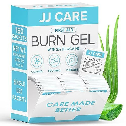 JJ CARE Brandgel (Pack mit 160), Beruhigende Brandgel-Päckchen für leichte Verbrennungen, Erste-Hilfe-Gel & Sonnenbrandlinderung in Einzelpackungen mit Lidocain und Aloe Vera (0,9 g pro Päckchen)