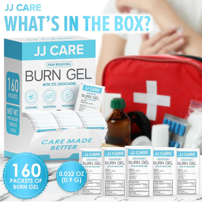 JJ CARE Brandgel (Pack mit 160), Beruhigende Brandgel-Päckchen für leichte Verbrennungen, Erste-Hilfe-Gel & Sonnenbrandlinderung in Einzelpackungen mit Lidocain und Aloe Vera (0,9 g pro Päckchen)