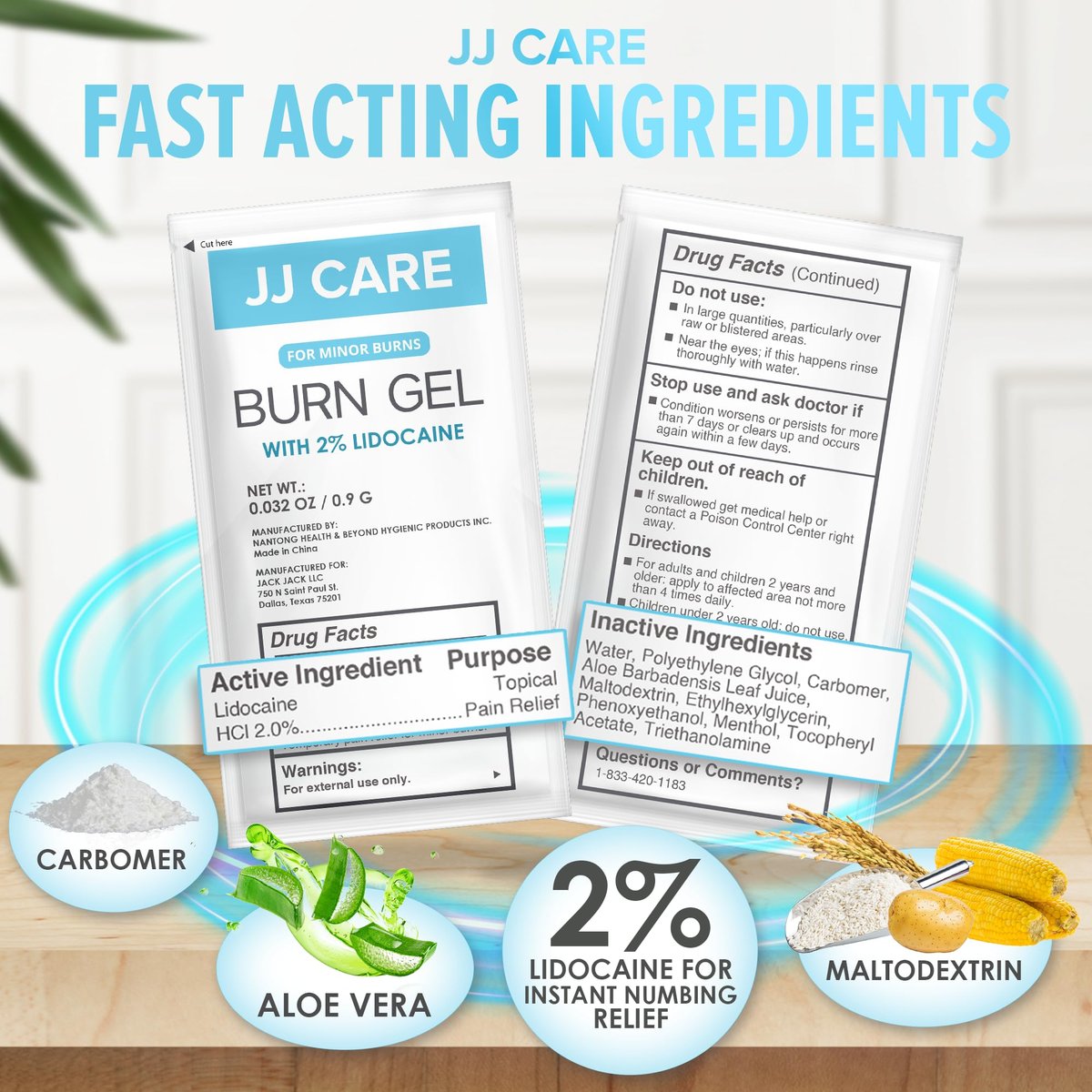 JJ CARE Brandgel (Pack mit 160), Beruhigende Brandgel-Päckchen für leichte Verbrennungen, Erste-Hilfe-Gel & Sonnenbrandlinderung in Einzelpackungen mit Lidocain und Aloe Vera (0,9 g pro Päckchen)
