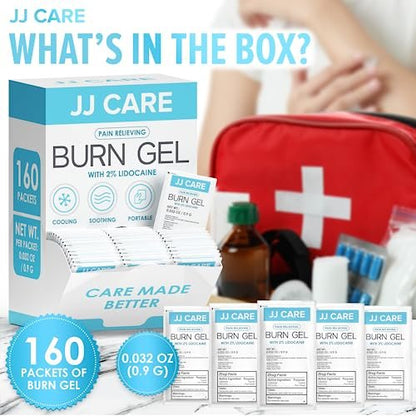 JJ CARE Brandgel (Pack mit 160), Beruhigende Brandgel-Päckchen für leichte Verbrennungen, Erste-Hilfe-Gel & Sonnenbrandlinderung in Einzelpackungen mit Lidocain und Aloe Vera (0,9 g pro Päckchen)