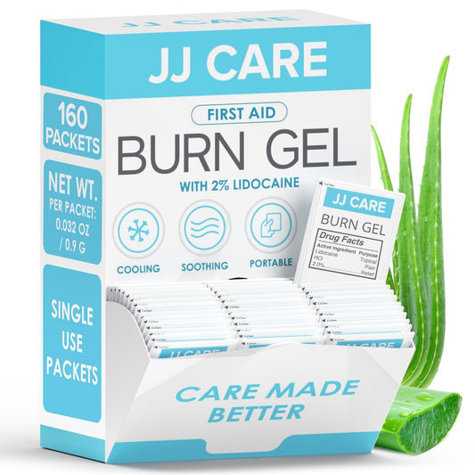 JJ CARE Brandgel (Pack mit 160), Beruhigende Brandgel-Päckchen für leichte Verbrennungen, Erste-Hilfe-Gel & Sonnenbrandlinderung in Einzelpackungen mit Lidocain und Aloe Vera (0,9 g pro Päckchen)