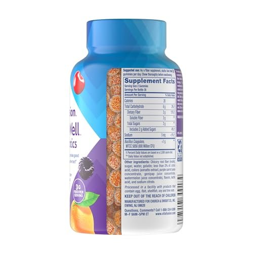 Vitafusion Probiotikum + Präbiotikum Ballaststoff-Gummis für Erwachsene, Unterstützung der Darmgesundheit, Kirschbeeren-Citrus-Rush-Geschmack, 60 Stück