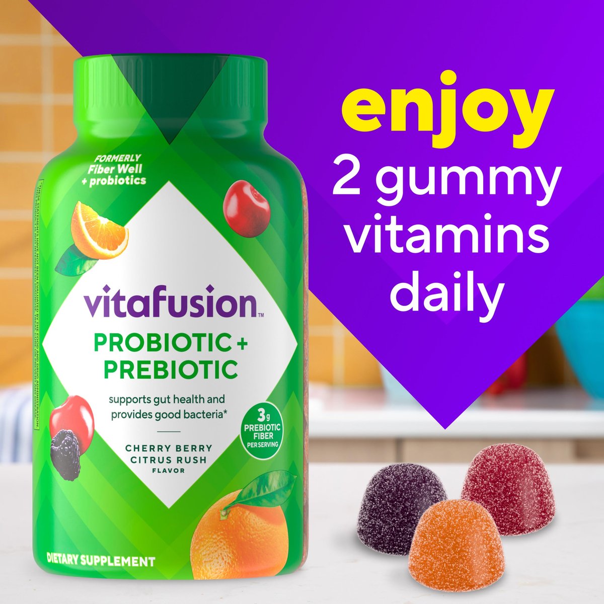 Vitafusion Probiotikum + Präbiotikum Ballaststoff-Gummis für Erwachsene, Unterstützung der Darmgesundheit, Kirschbeeren-Citrus-Rush-Geschmack, 60 Stück
