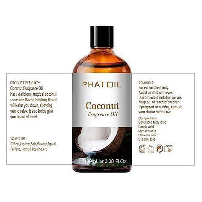 PHATOIL Kokosduftöl 3,38 FL.OZ – Ätherisches Öl für Aromatherapie, Diffuser, Yoga, Hautpflege, DIY Kerzen- und Seifenherstellung – 100 ml