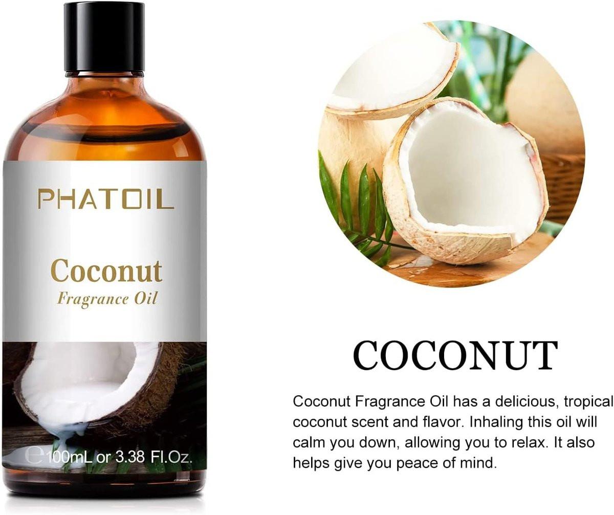 PHATOIL Kokosduftöl 3,38 FL.OZ – Ätherisches Öl für Aromatherapie, Diffuser, Yoga, Hautpflege, DIY Kerzen- und Seifenherstellung – 100 ml
