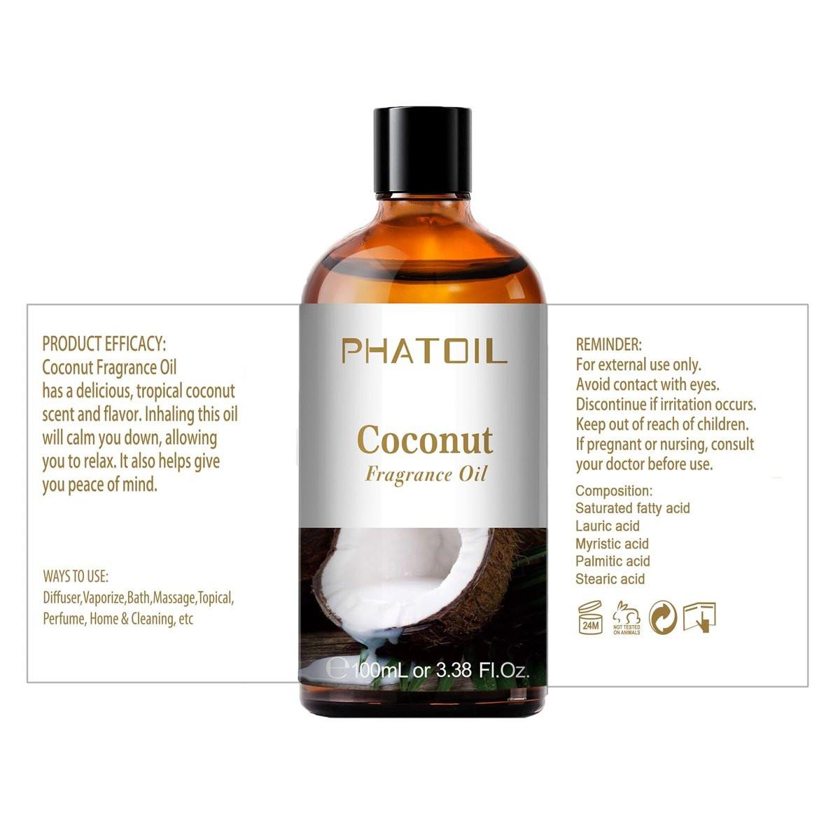 PHATOIL Kokosduftöl 3,38 FL.OZ – Ätherisches Öl für Aromatherapie, Diffuser, Yoga, Hautpflege, DIY Kerzen- und Seifenherstellung – 100 ml