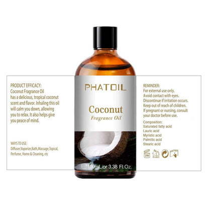 PHATOIL Kokosduftöl 3,38 FL.OZ – Ätherisches Öl für Aromatherapie, Diffuser, Yoga, Hautpflege, DIY Kerzen- und Seifenherstellung – 100 ml