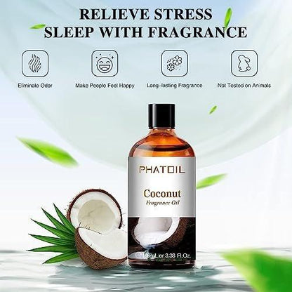 PHATOIL Kokosduftöl 3,38 FL.OZ – Ätherisches Öl für Aromatherapie, Diffuser, Yoga, Hautpflege, DIY Kerzen- und Seifenherstellung – 100 ml