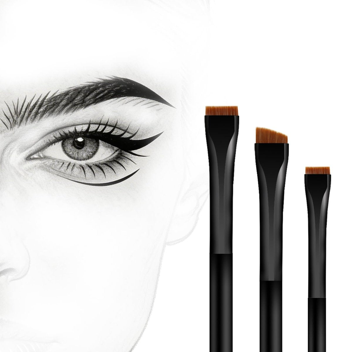 Raffaello Ultra-Dünner Augenbrauenpinsel-Set – 3-teiliges, abgewinkeltes Präzisions-Eyeliner-Makeup-Pinsel-Set, cruelty-freie Synthetikborsten, schräger Lidschatten-Augenbrauen-Tönungs-Kit (Schwarz)
