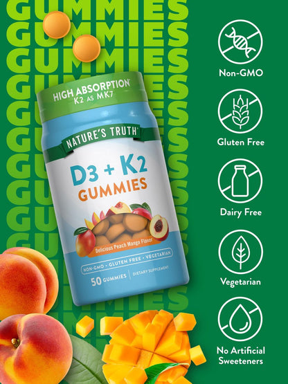 Nature's Truth Vitamin D3 + K2 Gummis | 50 Stück | Pfirsich-Mango-Geschmack | Vegetarisch, Nicht-GVO & Glutenfrei